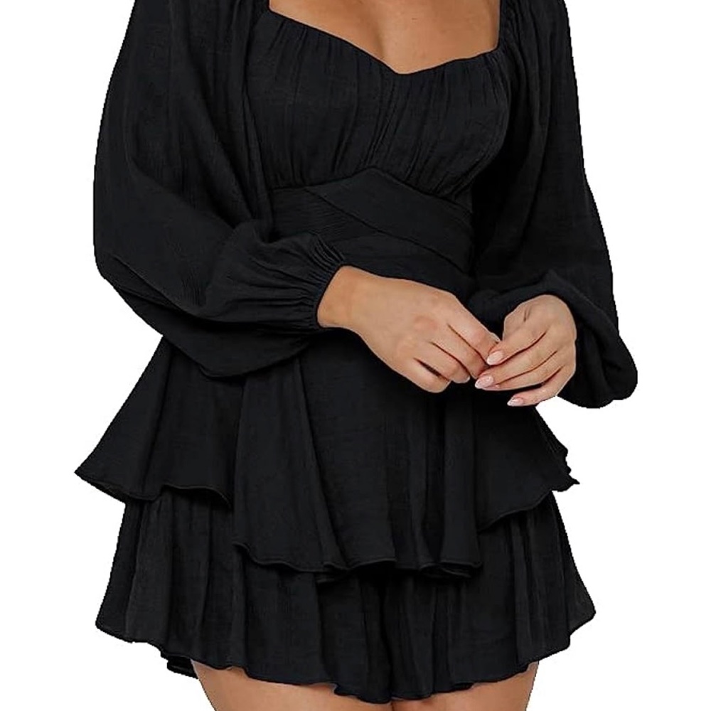 Black Puff-Sleeve Tiered Romper - Picture 4 of 11
